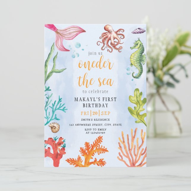 Invitation thème mer sirène fête premier anniversaire (Debout devant)