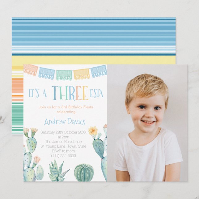 Invitation Thème mexicain 3ème anniversaire fête Trois esta P (Devant / Derrière)