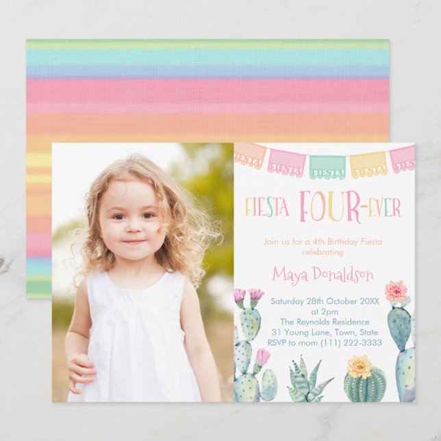 Invitation Thème mexicain 4ème anniversaire fête Fiesta FOUR  (Devant / Derrière)