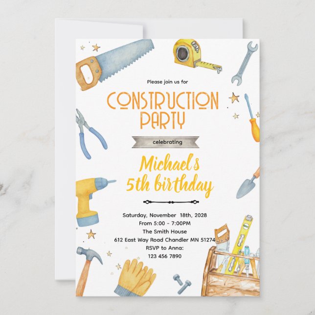 Invitation thème Outils de construction (Devant)