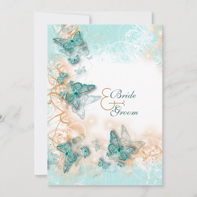 Invitation Thème papillon mariage aqua or (Devant)