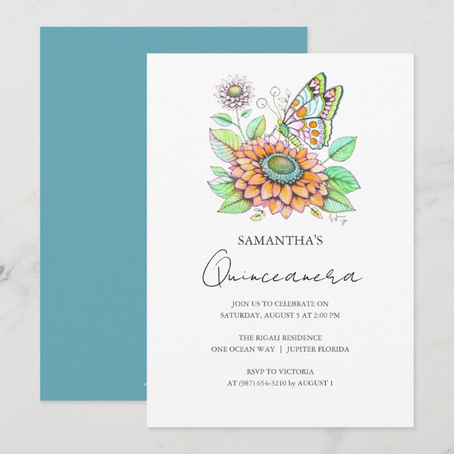 Invitation Thème papillon Quinceanera Party (Devant / Derrière)