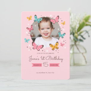 Invitation Thème Papillon rose avec photo 1er anniversaire