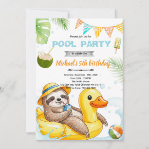 Invitation thème piscine avec un paresseux mignon