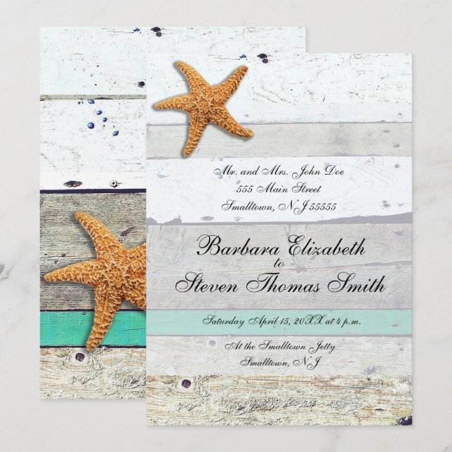 Invitation Thème Plage Starfish Mariage Rustique (Devant / Derrière)