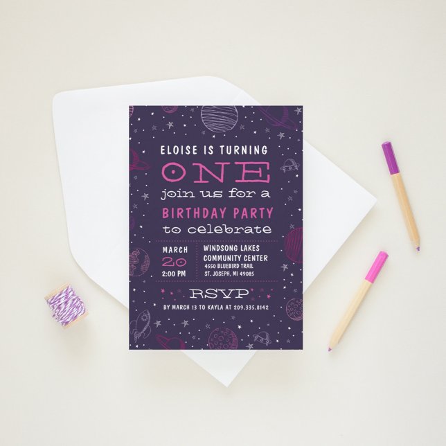 Invitation Thème Planète Espace Extérieur Anniversaire Fête I (space themed birthday invitation for girls)