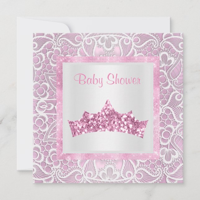 Invitation thème princesse rose baby shower dentelle tiara (Devant)
