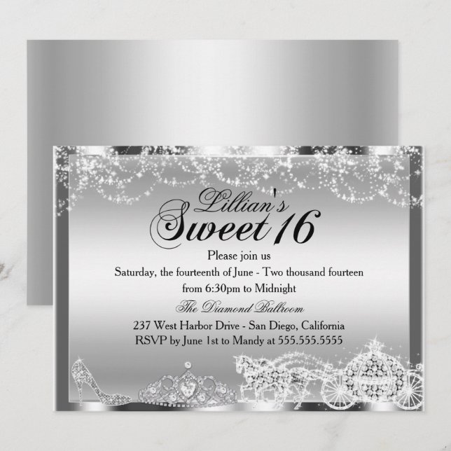Invitation thème Princesse Silver Sparkle pour Swe (Devant / Derrière)