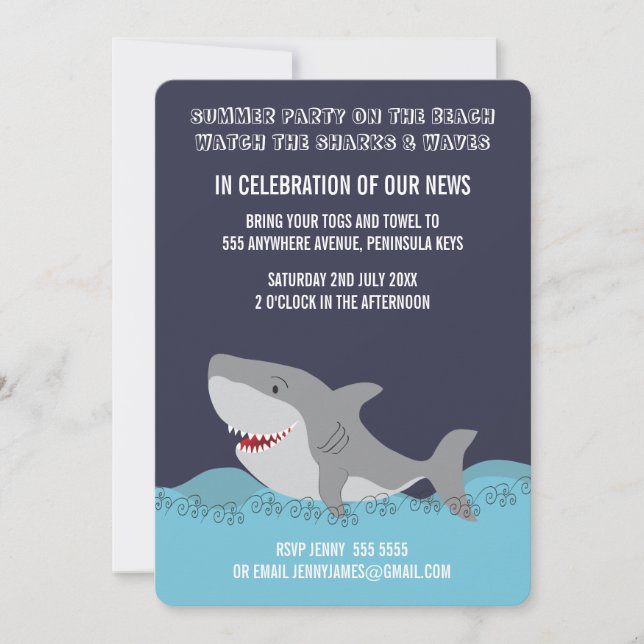 Invitation Thème requin mignon été plage fête océan (Devant)