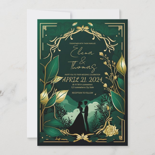 Invitation Thème romantique en Vert et Or. (Devant)