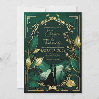 Invitation Thème romantique en Vert et Or.