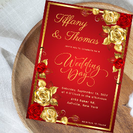 Invitation Thème rose Floral Rouge Et Mariage Or
