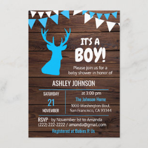 Invitation Thème rustique Buck Blue GARY Baby Shower Invitati