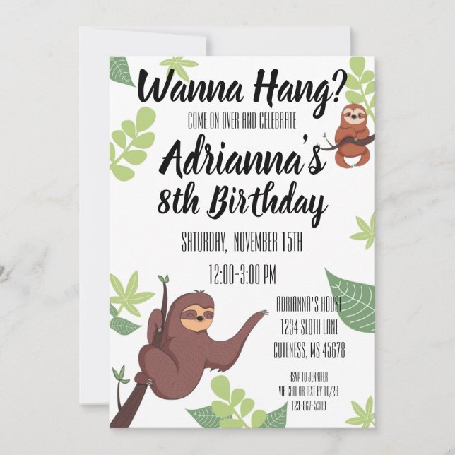 Invitation Thème Sloth Anniversaire des enfants (Devant)
