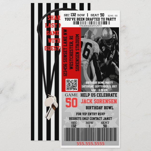 Invitation Thème sportif Football Billets Anniversaire (Devant / Derrière)