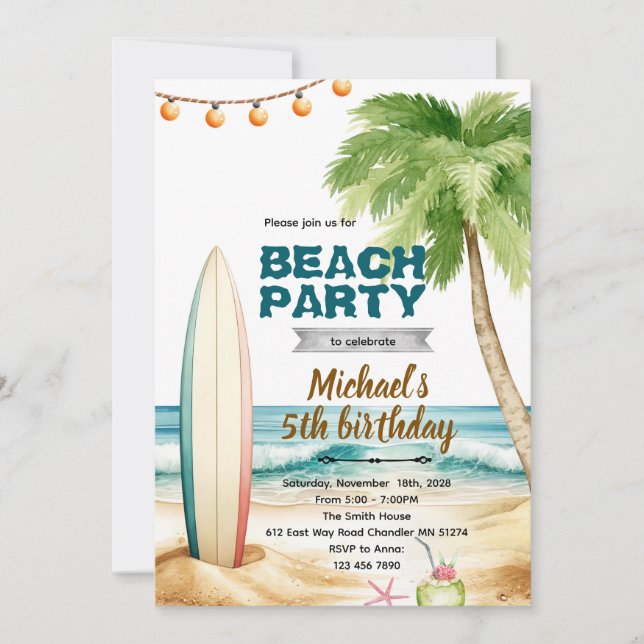 Invitation thème surf de plage (Devant)