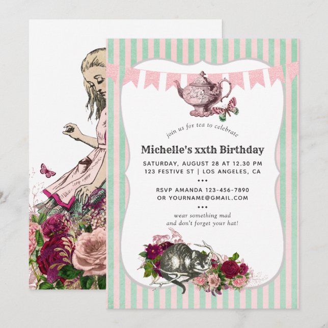 Invitation Thème tendance pour une fête Alice au pays des mer (Devant / Derrière)