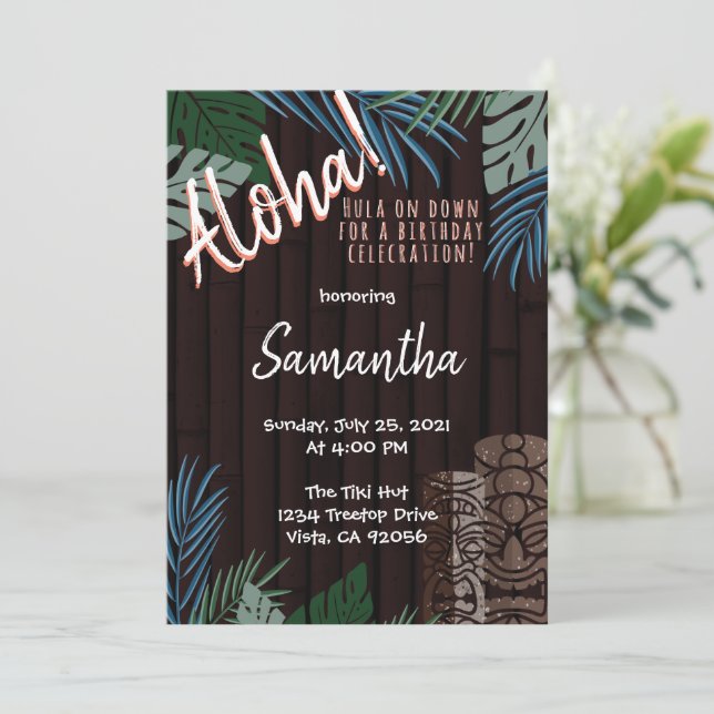 Invitation Thème Tiki Brun Bambou Hawaïen Vert et Bleu  (Debout devant)