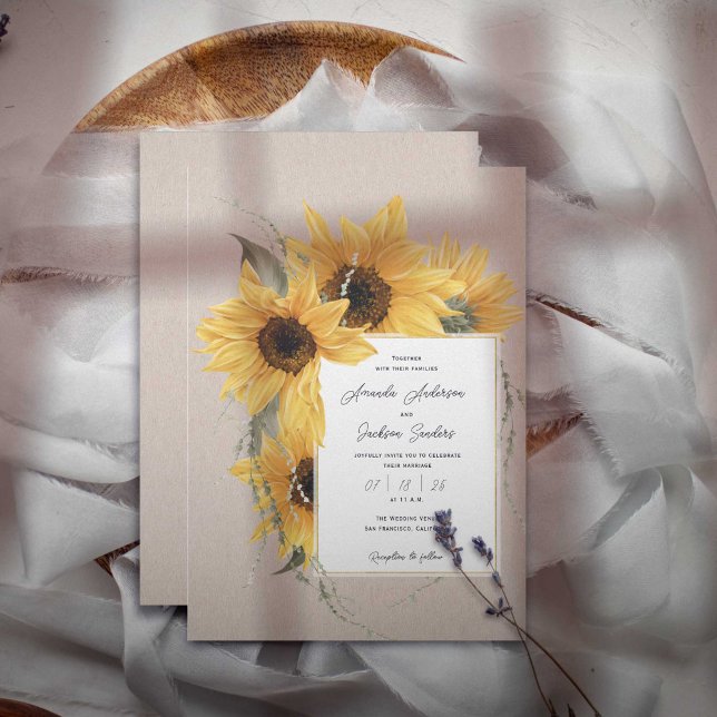 Invitation Thème tournesol, Maison de campagne mariage rustiq (COuntry watercolor Sunflower themed, barn rustic wedding invitations.)