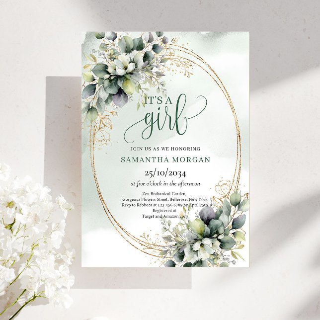 Invitation thème vert botanique blanc C'est une fi (Botanical Green White Theme It’s A Girl Invitation)