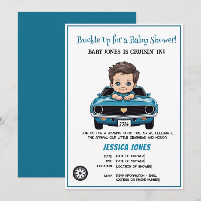 Invitation Thème Voiture Course vintage Oh Baby shower Garçon (Devant / Derrière)