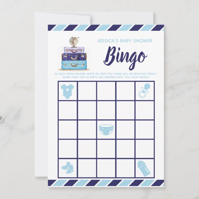 Invitation Thème Voyage Blue Baby shower Bingo Jeu (Devant)
