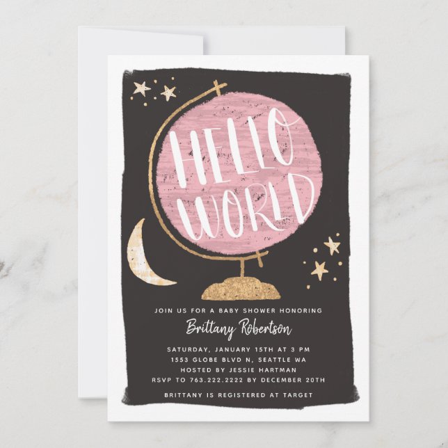 Invitation Thème Voyage Pink Globe Hello Baby shower mondial (Devant)