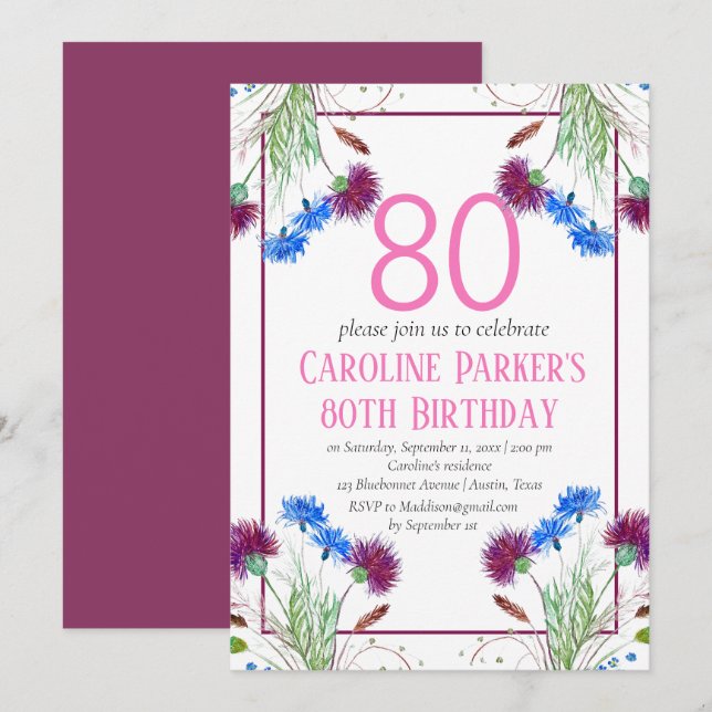 Invitation Thistle Scottish 80e anniversaire violet floral (Devant / Derrière)
