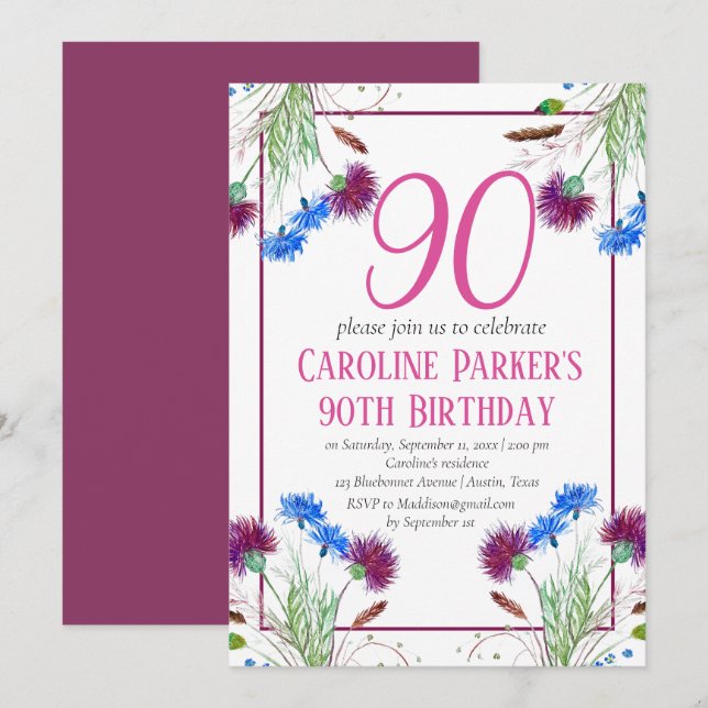 Invitation Thistle Scottish 90e anniversaire violet floral (Devant / Derrière)