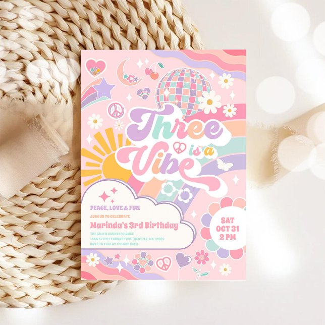 Invitation Three Is A Vibe Sun Rainbow Disco 3rd Birthday (Créateur téléchargé)
