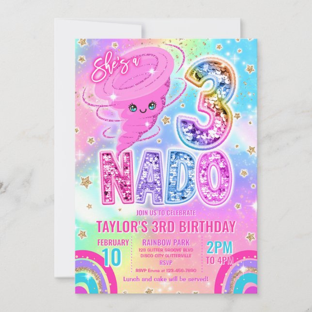 Invitation Three Nado Rainbow Glitter 3rd Birthday Party  (Devant)