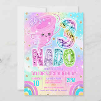 Invitation Three Nado Rainbow Glitter 3rd Birthday Party 