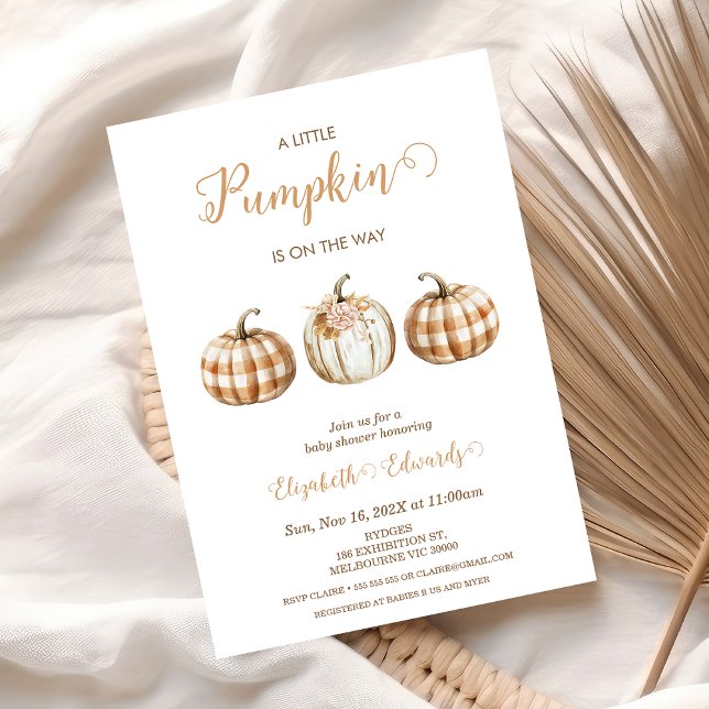 Invitation Three Orange Plaid Little Pumpkin Baby Shower  (A little Pumpkin In On The Way Baby Shower Invitation Template, Fall Baby Shower Invite Printable, )