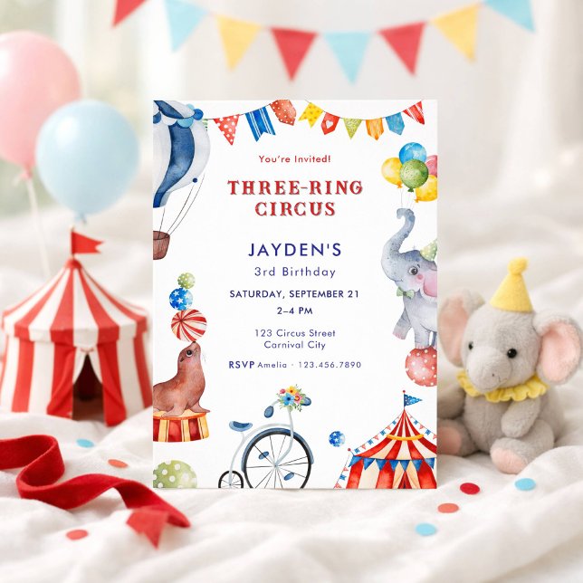 Invitation Three Ring Circus 3rd Birthday Carnival Animal (Créateur téléchargé)