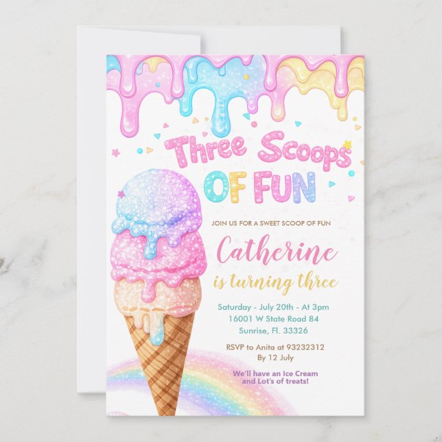 Invitation Three Scoops Of Fun Ice Cream Birthday Party  (Devant)