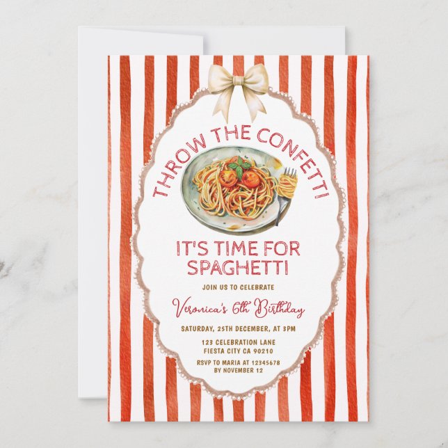 Invitation Throw The Confetti Time for Spaghetti Birthday (Devant)