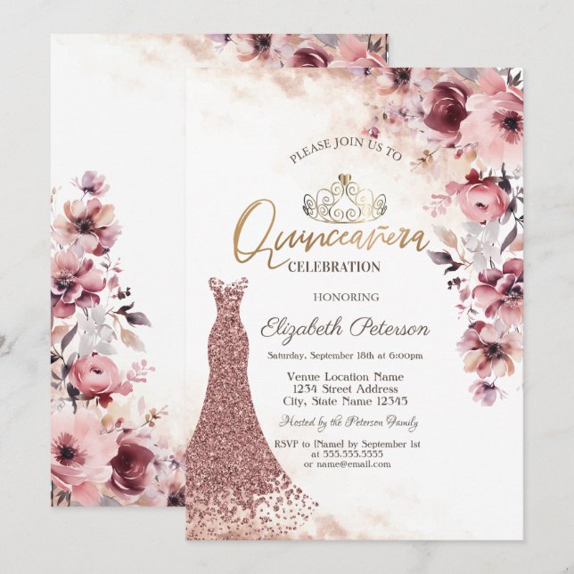 Invitation Tiara Blush Roses Roses Roses Diamonds Robe Quince (Devant / Derrière)