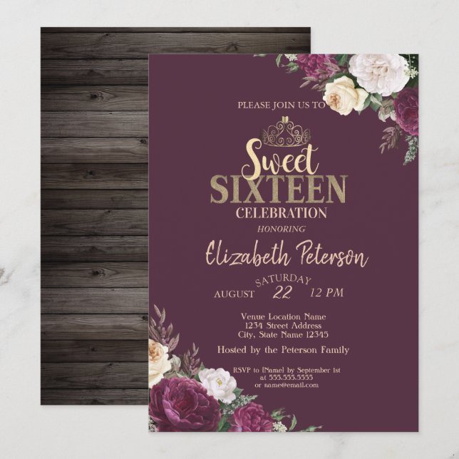 Invitation Tiara, Bourgogne Fleurs Bois Doux 16 Partie (Devant / Derrière)