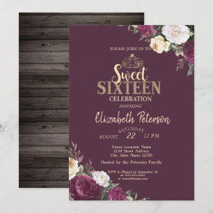 Invitation Tiara, Bourgogne Fleurs Bois Doux 16 Partie