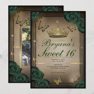 Invitation Tiara Butterflies Emerald Green Rose Sweet 16