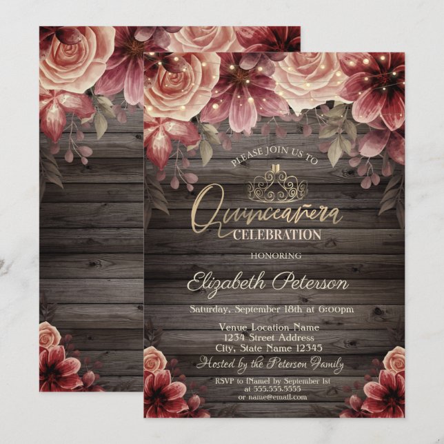 Invitation Tiara, Chaîne Fleurs Lumières Bois Quinceañera (Devant / Derrière)