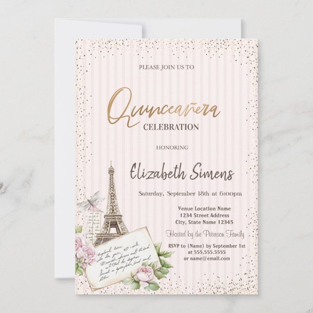 Invitation Tiara,Confetti,Eiffel Tower Roses Striped (Devant)
