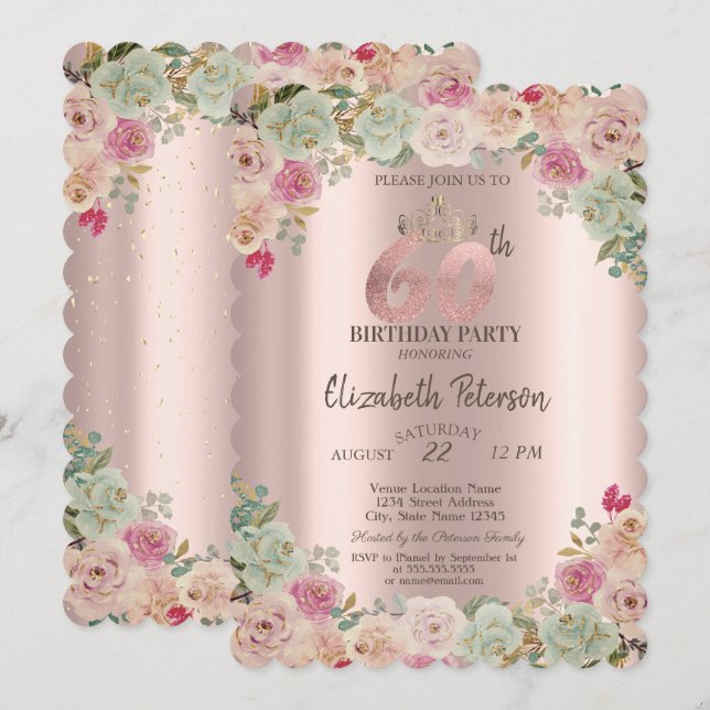 Invitation Tiara, Confetti Floral 60e fête d'anniversaire (Devant / Derrière)