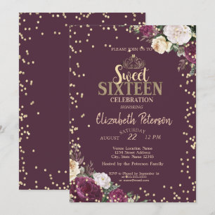 Invitation Tiara, Diamants Bourgogne Floral Sweet 16 Partie