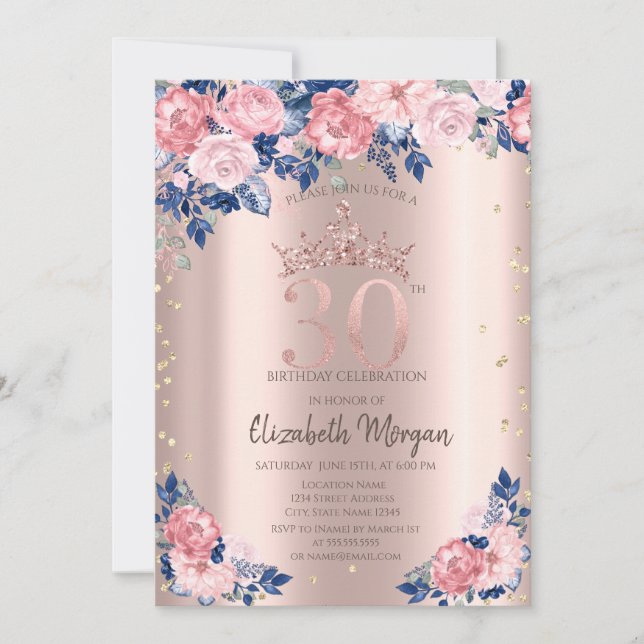 Invitation Tiara Diamonds Bleu Rose Rose Or 30e anniversaire (Devant)