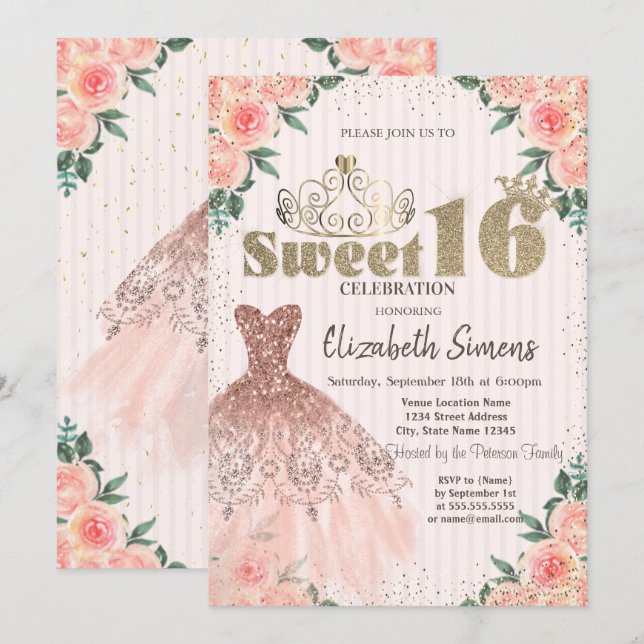 Invitation Tiara d'or, Confetti, Robe, Doux floral rayé 16 (Devant / Derrière)