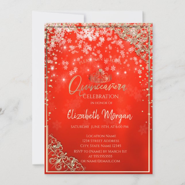 Invitation Tiara d'or, Diamants, Snowflakes, Quinceañera roug (Devant)