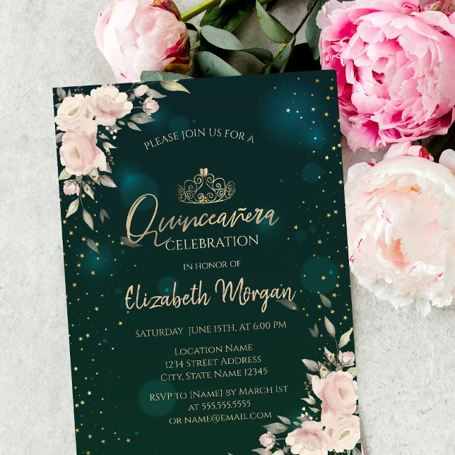 Invitation Tiara d'or, Fleurs de Boho Quinceañera verte (Créateur téléchargé)