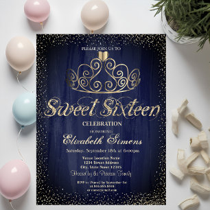 Invitation Tiara en or stylé Confetti Princesse Douce 16 ans