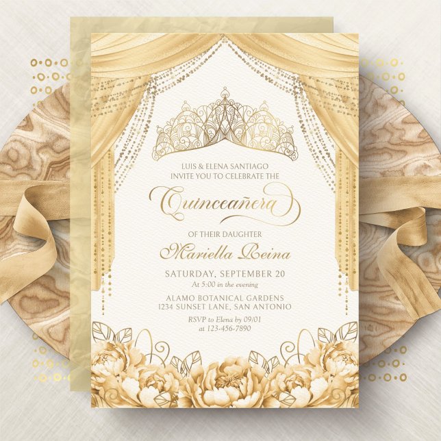 Invitation Tiara Floral Or Jaune Moderne Quinceanera (Créateur téléchargé)